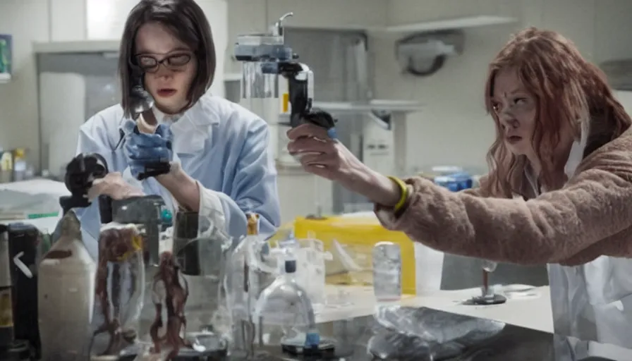 Prompt: Big budget horror movie, a scientist with a squid examines that squid under the microscope