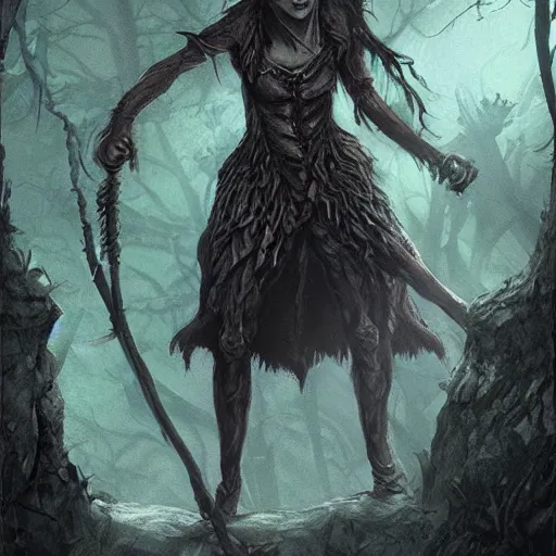 Image similar to emma watson as a goblin, dark forest, dnd art, fantasy art