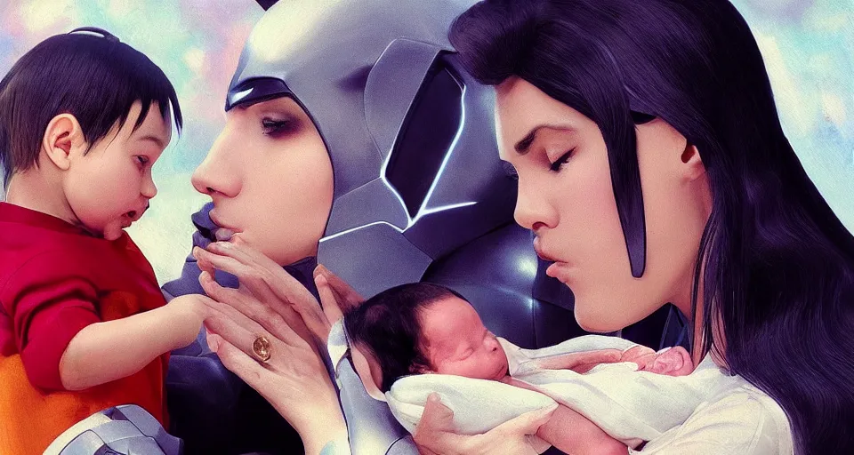 Image similar to “ a very very very very very very beautiful realistic still of a woman holding a newly born baby nicholas cage dressed as batman eating crayola crayons, by makoto shinkai, syd meade, starwars, space art concept, sci - fi, digital art, unreal engine, wlop, trending on artstation, 4 k uhd image, octane render ”