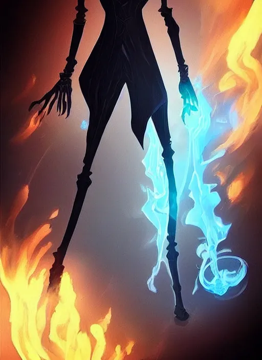 Image similar to DND character concept, Tall skeletal figure, wearing a deep black suit!!! and tie and top hat, holding a golden cane. Surrounded by light blue!!! flames!!