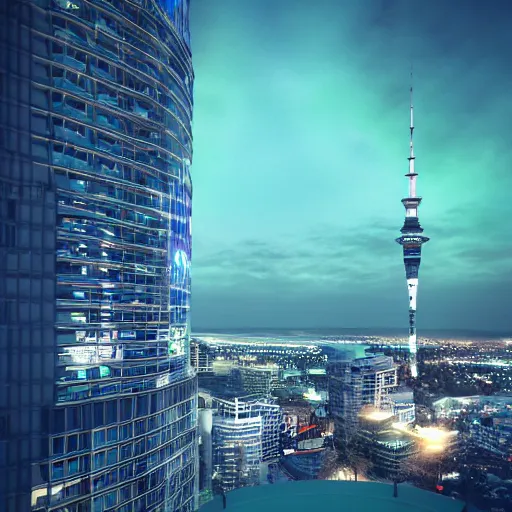 Image similar to auckland sky tower, green lighting, evil, artstation, octane render