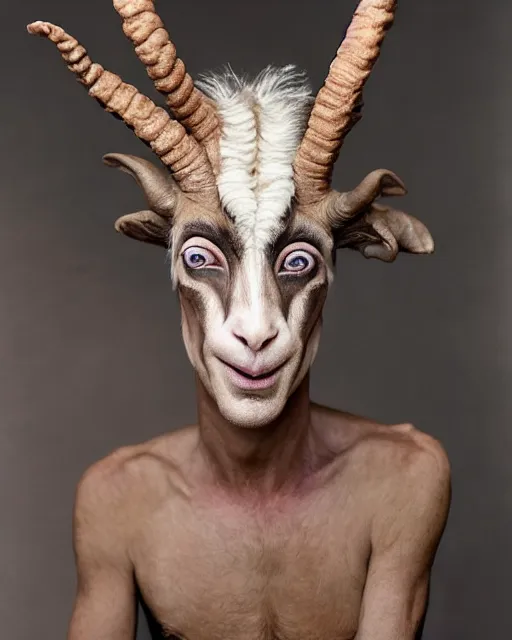 Prompt: Mauricio Macri in Elaborate Pan Satyr Goat Man Makeup and prosthetics designed by Rick Baker, Hyperreal, Head Shots Photographed in the Style of Annie Leibovitz, Studio Lighting