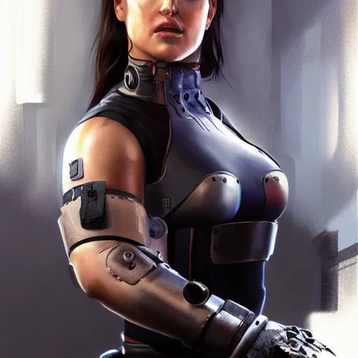 Prompt: gina carano with robotic cybernetic metallic grey left arm, casual pose, cyberpunk, digital painting, artstation, concept art, smooth, 8 k frostbite 3 engine, ultra detailed, art by artgerm and greg rutkowski and magali villeneuve