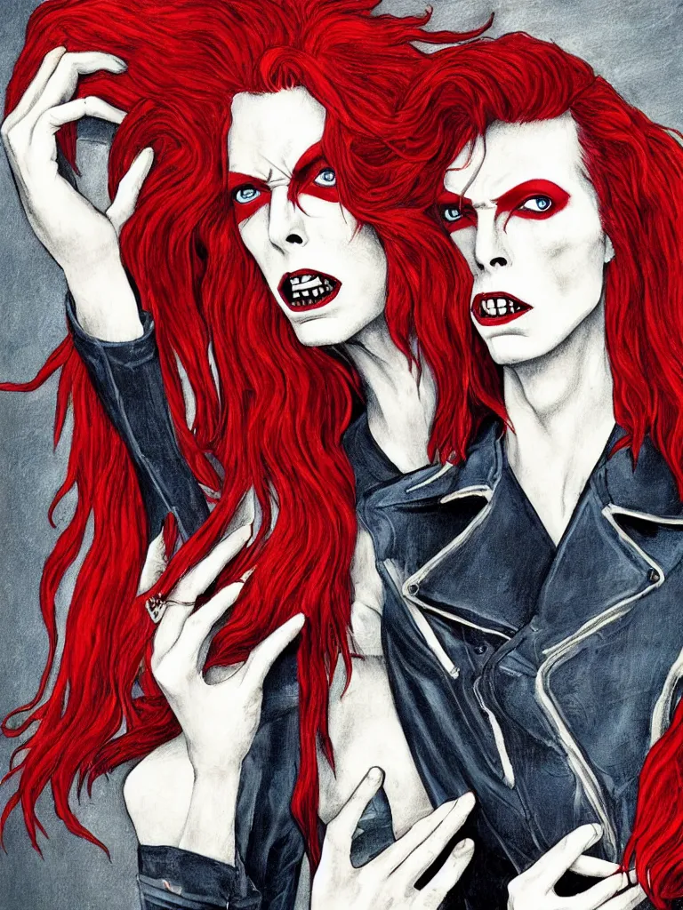 Prompt: art nouveau, David Bowie, vampire, sharp teeth, leather jacket, jeans, long red hair, full body