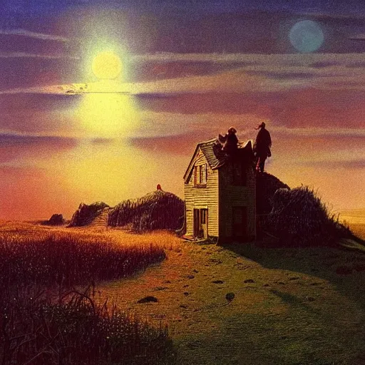 Image similar to the painted world of Bruce Pennington, head and shoulders masterpiece, apocalypse, golden hour, cosmic horror, artstation, in the style of Andrew Wyeth and Edward Hopper and Bosch, extremely detailed