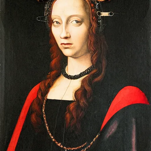 Prompt: a renaissance style portrait painting of raven winged female vampire, wearing a VR helmet and cape, dark background