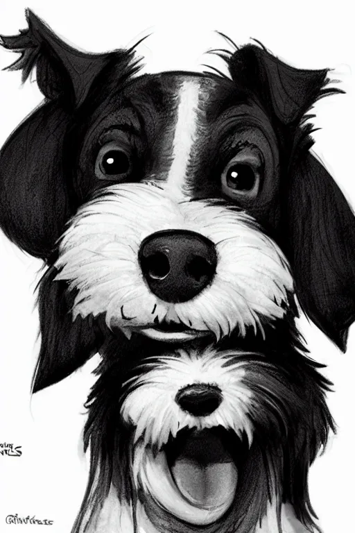 Image similar to cute jack black and white russel terrier smiling at the viewer, large round eyes, concept art, game art, character sheet, character design, sketch by cory loftis and bill schwab