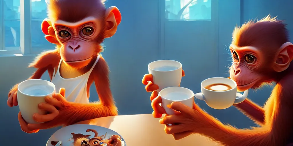 Image similar to hyper detailed ultra sharp of cartoon monkeys drinking coffee. behance hd by jesper ejsing, by rhads, makoto shinkai and lois van baarle, ilya kuvshinov, rossdraws radiating a glowing aura global illumination ray tracing hdr, 8 k