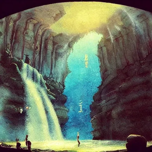 Prompt: “ ancient portal to other dimension in middle of waterfall in studio ghibli film, very detailed, masterpiece, chinese water color painting ”