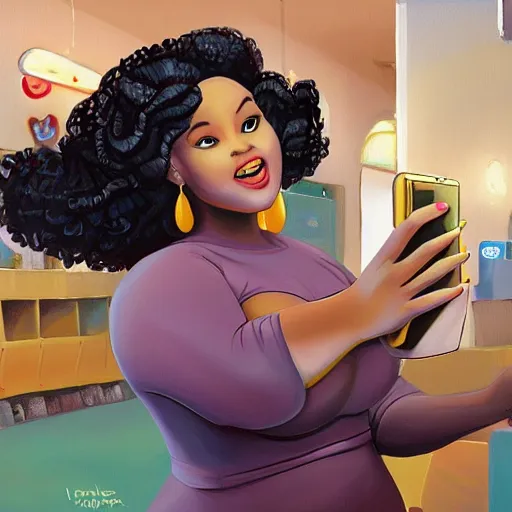 Image similar to stunning, coherent, beautiful painting, still of a beautiful black bbw woman in wal-mart taking a selfie of a creepy man is following her, 3d, in the style of pixar, comic book style, 3d, highly detailed, highly detailed, sharp focus, bokeh, depth of field, 16k resolution, Unreal Engine 5, coherent, cinematic lighting, photorealistic, by Zhang Jingna