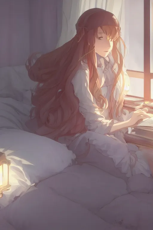 Image similar to a teenage girl in a jk uniform outfit in the bedroom reading a book in a night, raining outside the window, grey and orange theme ， wavy white long hair, by krenz cushart and mucha and akihito yoshida and greg rutkowski and makoto shinkai and wlop, detailed eyes, 4 k resolution