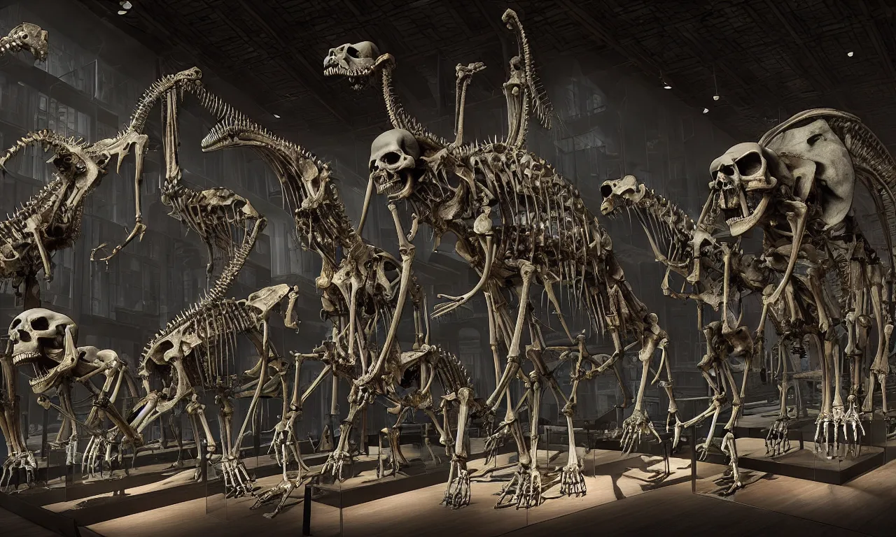 Prompt: hazy punk an exhibition hall gothic museum full of long glass showcases with skeletons of prehistoric animals, fused into epoxide, high detail, raytracing, back light, raymarching, new movie from digital domain and weta digital, strong ambient occlusion