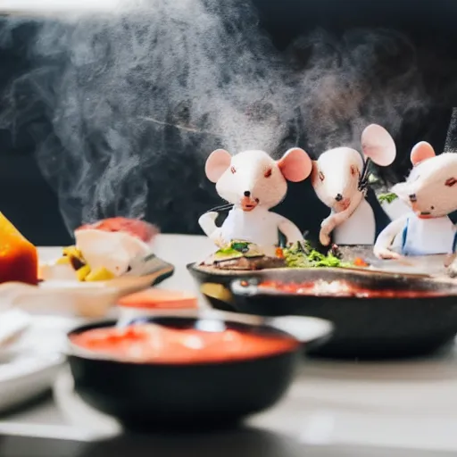 Prompt: group of mice wearing chef hats, cooking steak in the kitchen