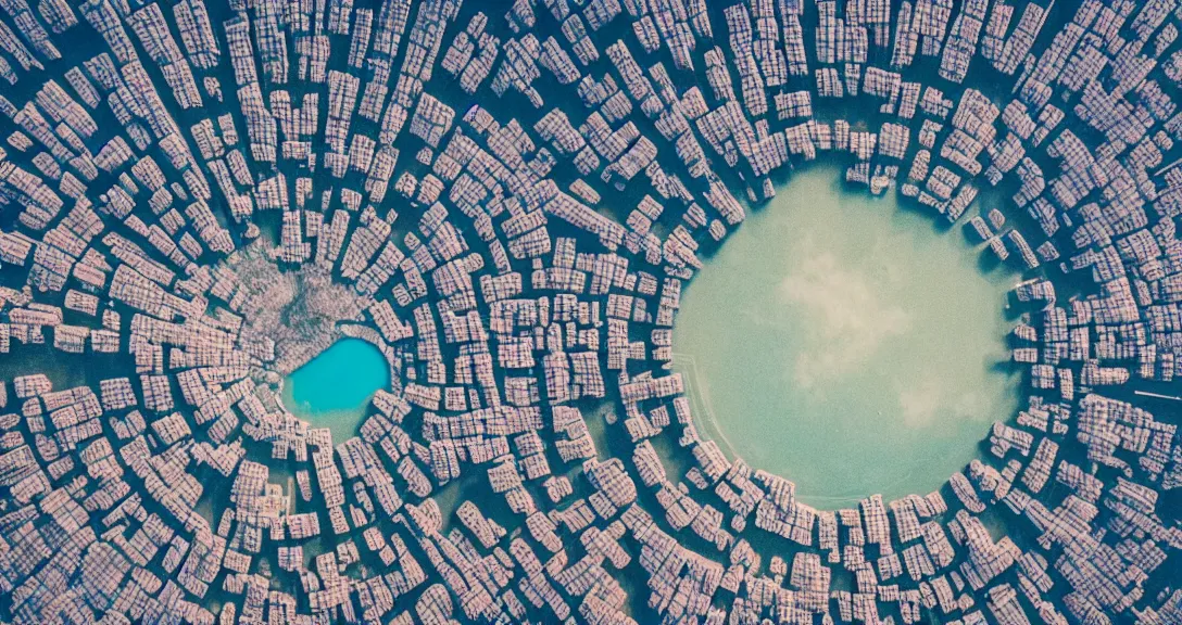 Image similar to Drone Photography, 4k, A Giant Crater On Earth, Surrounded by Futuristic Cities