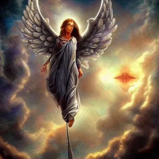 Image similar to angels in the sky, artistic, epic, detailed, realistic, point of view,
