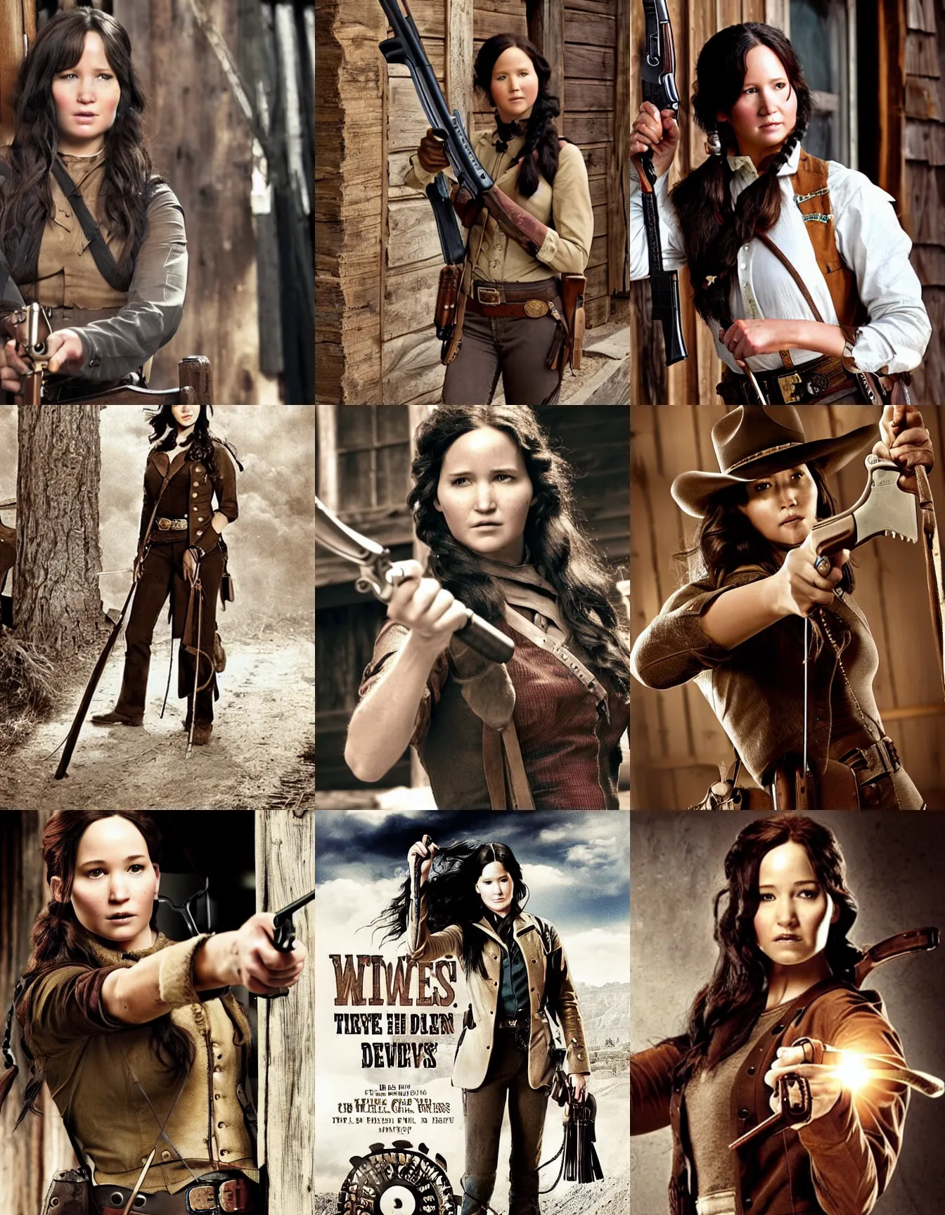 Prompt: ( ( ( ( ( katniss everdeen ) ) ) ) ) as a wild west cowgirl, holding a revolver, outside a saloon, in a wild west town, promotional press photo from true grit ( 2 0 1 0 )