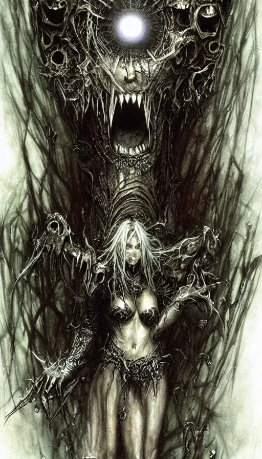 Image similar to a storm vortex made of many demonic eyes and teeth, by luis royo,