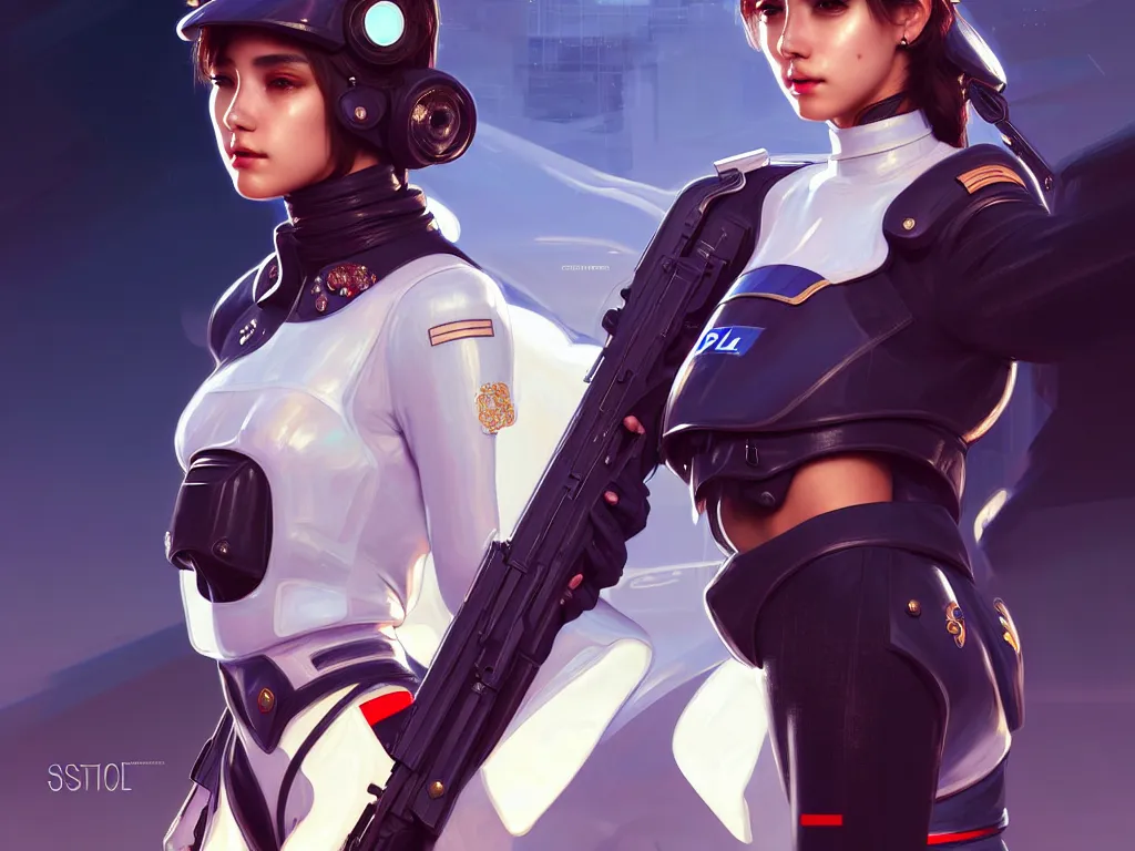 Image similar to portrait futuristic spain police uniform girl, at future neon light rooftop, ssci - fi and fantasy, intricate and very very beautiful and elegant, highly detailed, digital painting, artstation, concept art, smooth and sharp focus, illustration, art by tan zi and ayanamikodon and alphonse mucha and wlop