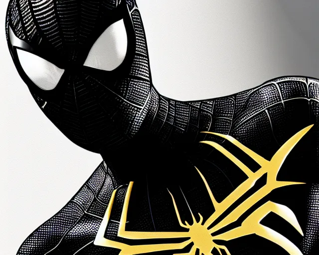 Image similar to photorealistic sketch of black spider - man with gold webbing