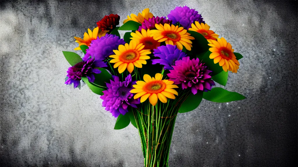 Image similar to bouquet of flowers on a textured background y2k xeroxed image octane render sharpening