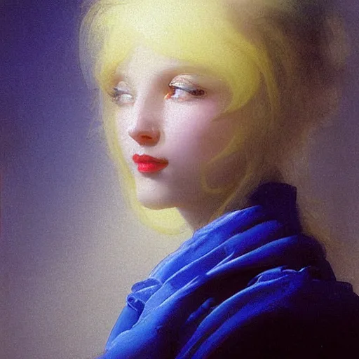 Image similar to a young woman's face, her hair is white and she wears a cobalt blue satin cloak, by ivan aivazovsky and syd mead and moebius and gaston bussiere and roger dean and pieter claesz and paul delaroche and alma tadema and aelbert cuyp and willem claesz, hyperrealistic, volumetric light, octane render