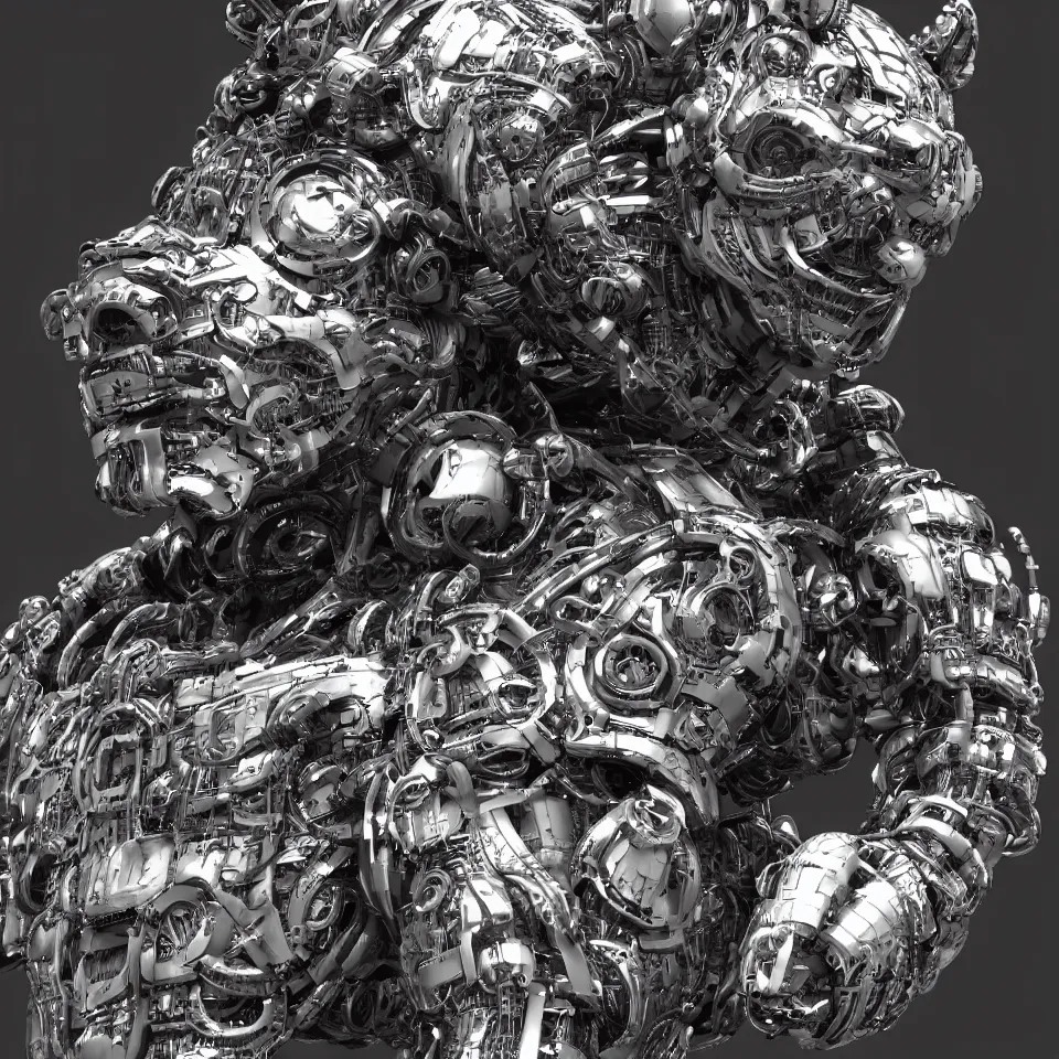 Image similar to complex 3 d render hyper detail portrait of a mechanical bear cyborg, sci fi, full body, intricate, art by kazuhiko nakamura and hajime sorayama, 8 k octane detailed render, post - processing, extremely hyperdetailed, intricate futuristic mechanic parts, maya, dark background, sharp focus, blender, cinematic lighting + masterpiece, trending on artstation