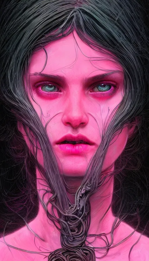 Image similar to door to the soul, furious gorgeous woman, glowing pink black hair, face covered in dirt, lord of the rings ,neon, fibonacci, sweaty, insane, intricate, highly detailed, digital painting, artstation, concept art, smooth, sharp focus, illustration, Unreal Engine 5, 8K, art by artgerm and greg rutkowski and alphonse mucha