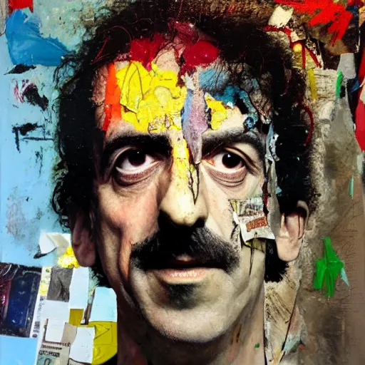 Prompt: hyperrealistic, photorealistic, mixed media oil painting of frank zappa, magazine scraps, plaster, blood, oil, mustard, splatter, greg rutkowski, basquiat, ralph steadman, wesley kimler, terry gilliam, andy warhol, dali