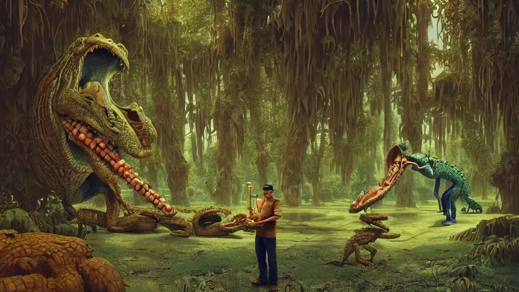 Prompt: a man with the head of an alligator holding a saxaphone, intricate, detailed, volumetric lighting, sharp focus, scenery, photorealism, digital painting, highly detailed, concept art, by roger dean and simon stalenhag and mark brooks