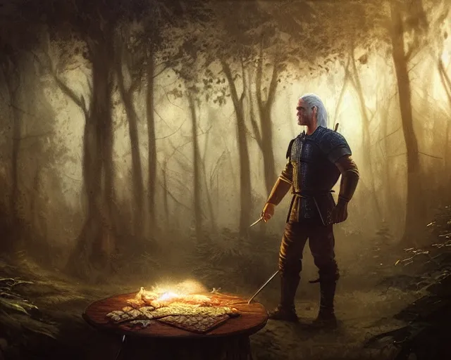 Image similar to 5 5 mm portrait photo of geralt of rivia serving shawarma, in a magical forest. dark atmosphere. art by greg rutkowski. highly detailed 8 k. intricate. lifelike. soft light. nikon d 8 5 0.