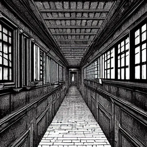 Image similar to a terrifying dark hallway with many doors and many stairs, impending doom, horror, Mc Escher architecture, epic composition, anime key visual