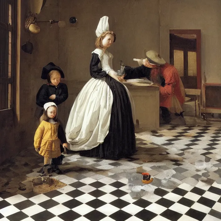 Image similar to colored painting, pieter de hooch, trending on artstation, highly detailed, black and white checkerboard floor, gigantic porcelain head statue, intricate, elegant