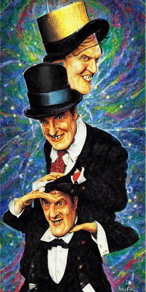 Prompt: A portrait of Tommy Cooper in top hat by Frank Kelly Freas