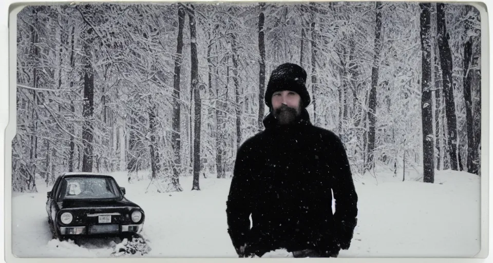 Image similar to vintage polaroid photograph of a man wearing black winter clothes and a black beanie in a snowy forest, standing next to a car