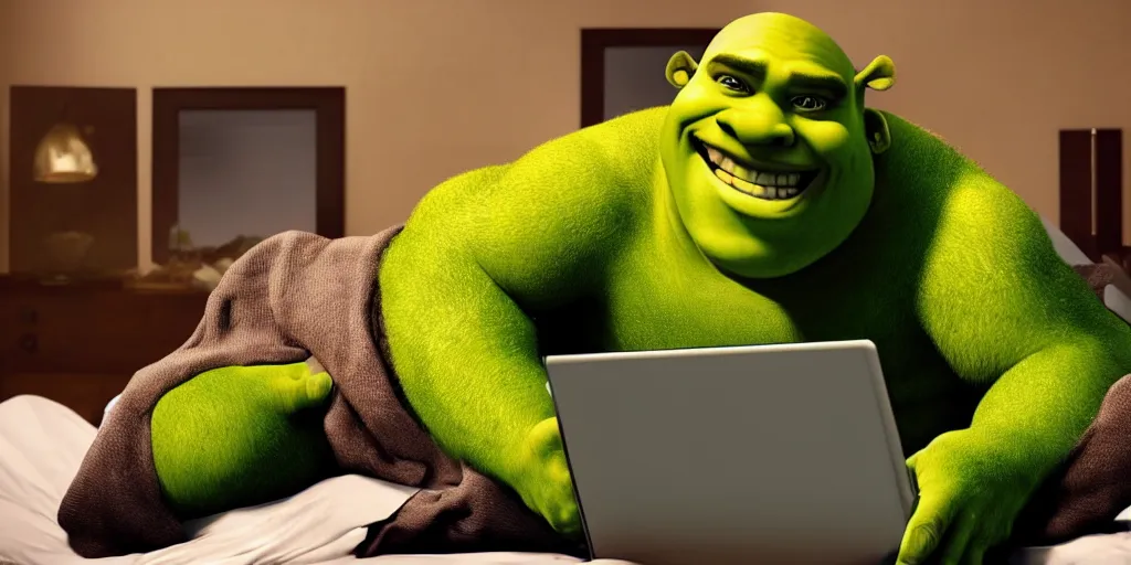 Image similar to Shrek laying on his bed with a laptop on his chest