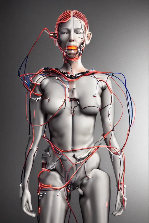 Image similar to Cyborg girl with wires and mechanisms sticking out of her body, full-length view, hyperrealism