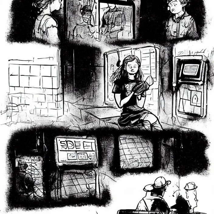 Image similar to sadie sink as a coal miner : sits at a table, eats bread. inside a dirty automated kiosk. bright tasty food options displayed on a wall. black tiles on walls. black and white, pencil and ink. by gabriel hardman, joe alves, chris bonura. cinematic atmosphere, detailed and intricate, perfect anatomy