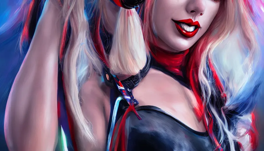 Image similar to Taylor Swift as Harley Quinn, hyperdetailed, artstation, cgsociety, 8k