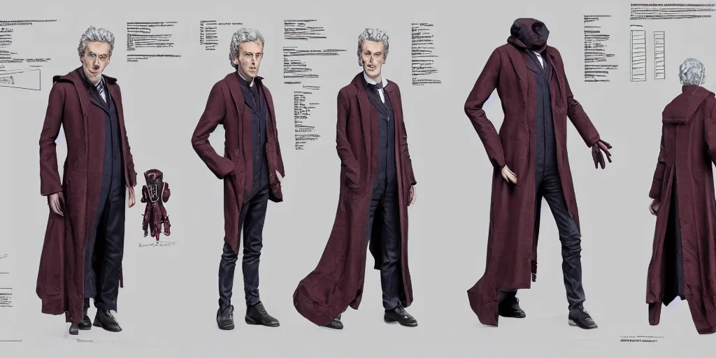 Image similar to peter capaldi as doctor who, character sheet, concept design, contrast, hot toys, kim jung gi, greg rutkowski, zabrocki, karlkka, jayison devadas, trending on artstation, 8 k, ultra wide angle, pincushion lens effect