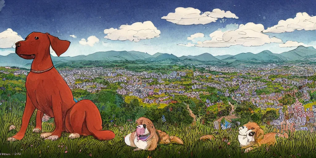 Image similar to breathtaking detailed childrens book illustration of a dog on the top of a hill, with a beutiful view of a tiny city below the hill, in the style of quentin blake 8 k