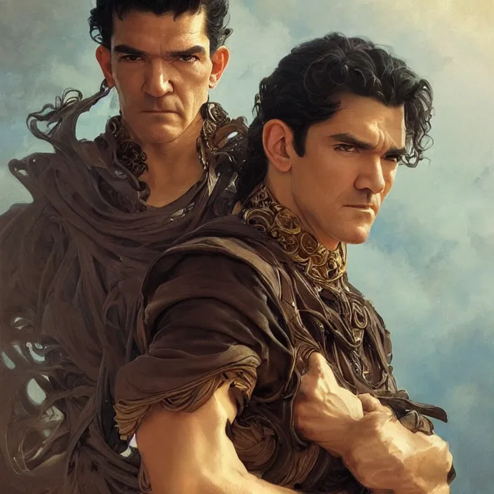 Prompt: handsome young antonio banderas, masterpiece, intricate, elegant, highly detailed, digital painting, artstation, concept art, smooth, sharp focus, illustration, art by artgerm and greg rutkowski and alphonse mucha and huang guangjian and gil elvgren and sachin teng, symmetry