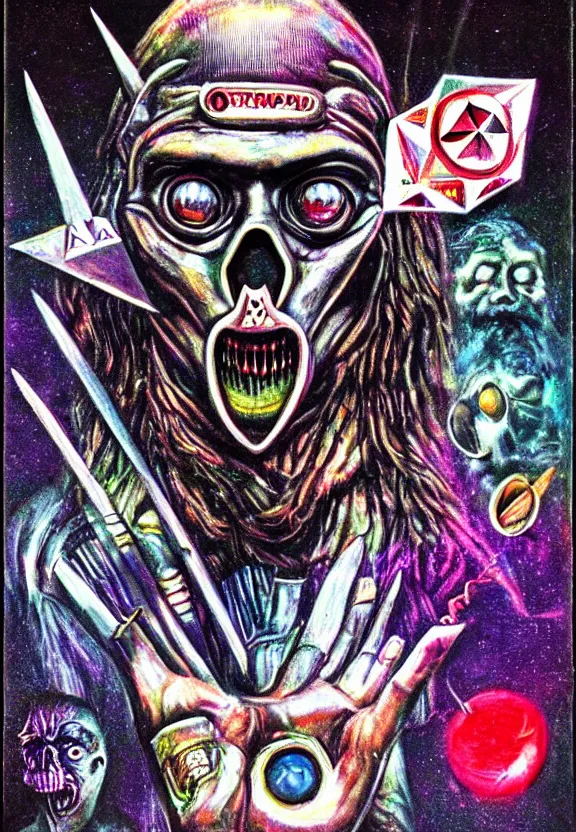 Image similar to simplicity, subgenius, x - day, weird stuff, occult stuff, knives, colorful the predator, illuminati, gem tones, hyperrealism, stage lighting