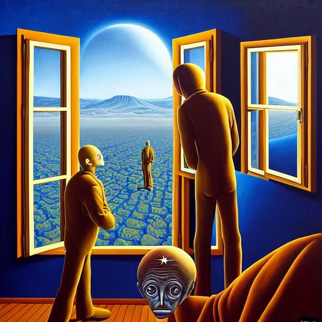 Image similar to an oil on canvas portrait of a man waking up and an alien is looking in through the window, surrealism, surrealist, lovecraftian, cosmic horror, rob gonsalves, high detail