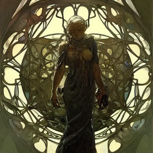 Image similar to nanoparticles, by james jean, greg rutkowski, giger, alphonse mucha, andrew wyeth