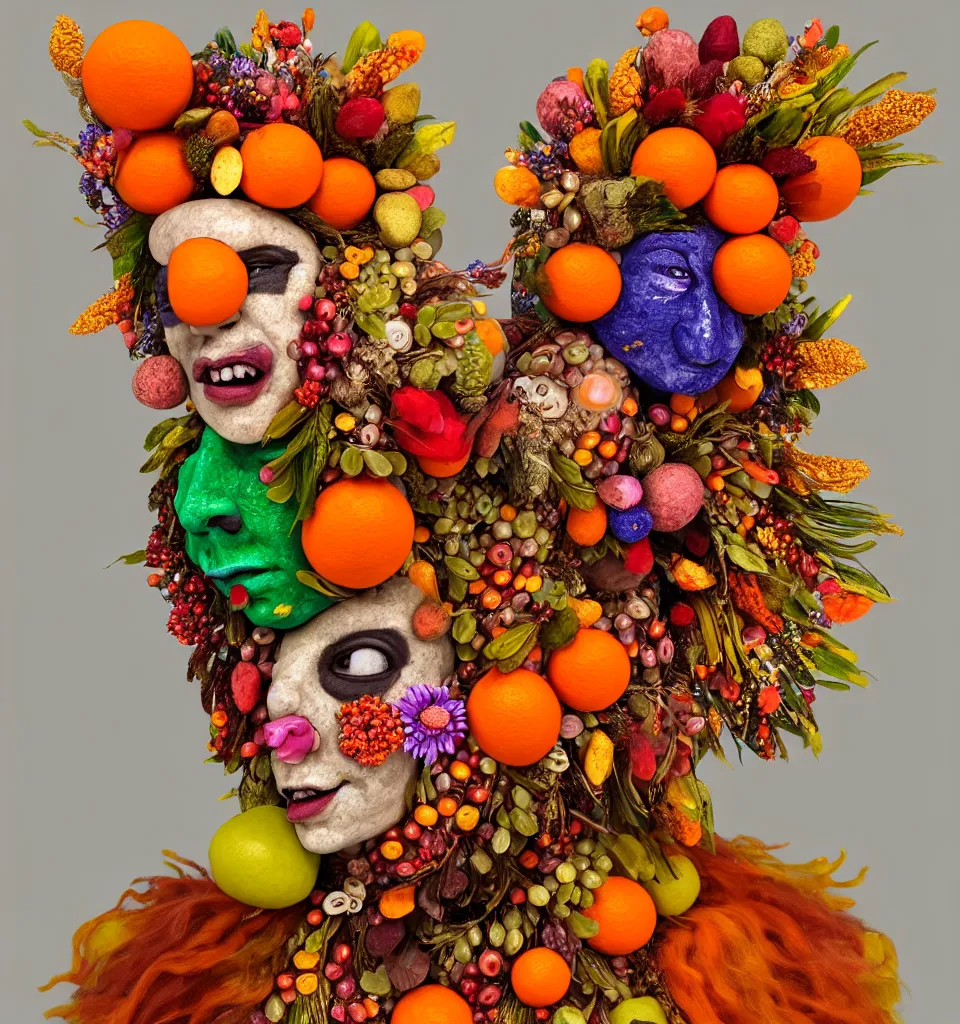 Prompt: headshot of a trickster nature spirit, head made of fruit gems and flowers in the style of arcimboldo, fragonard, photorealistic, dynamic lighting, action figure, clay sculpture, claymation, dull orange streaked background