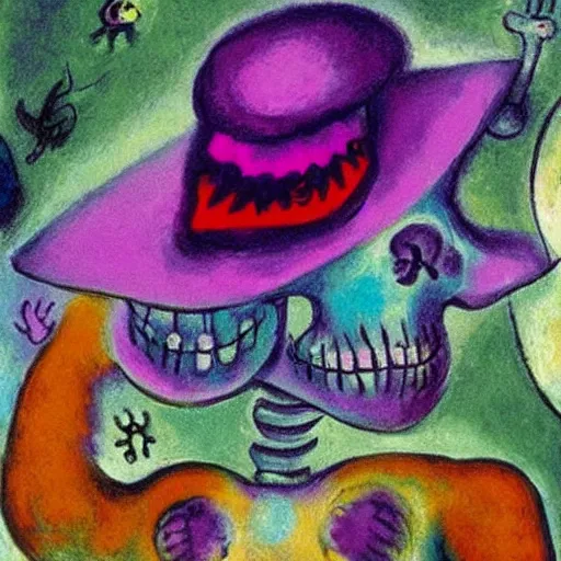 Prompt: a skeleton wearing a purple sombrero, painting by marc chagall