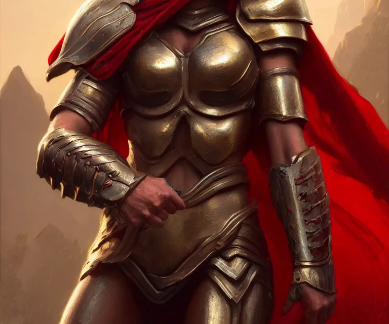 Image similar to epic portrait cinematic shot an spartan woman wearing bronze armor and a red cape, wet flowing brown hair, shiny skin, muscular, mountain backround, fine details. night setting. realistic shaded lighting poster by craig mullism, artgerm, jeremy lipkin and michael garmash, unreal engine, radiant light, detailed and intricate environment, digital art, trending on art station,