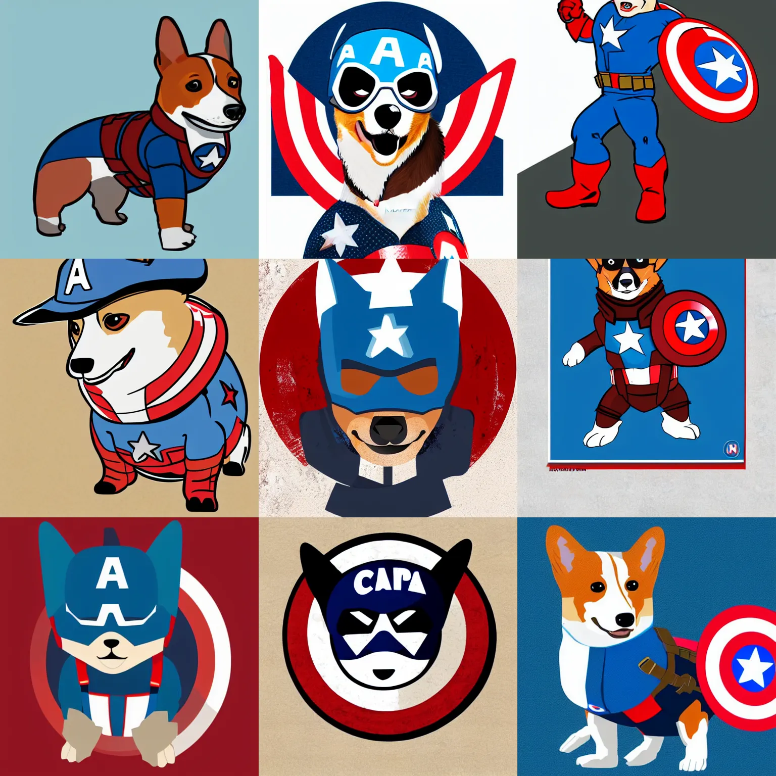 Prompt: a corgi dressed as captain America, vector illustration, high quality