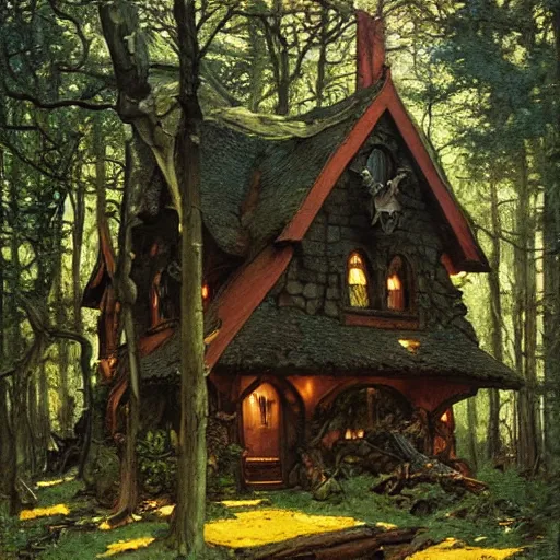 Image similar to witch cottage in the forest, art by norman rockwell and donato giancola and greg rutkowski