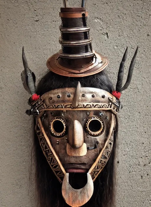 Image similar to traditional viking steampunk tribal dj mask. a matte symmetrical portrait. award winning found object at the tate modern art gallery. style of rhads and anato finnstark